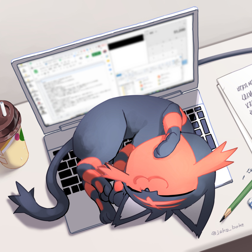 :3 animal_focus cat closed_eyes closed_mouth commentary_request computer cup disposable_coffee_cup disposable_cup full_body gen_7_pokemon highres indoors jako_(boke_poke) laptop litten lying nintendo paper pencil pokemon sleeping smile