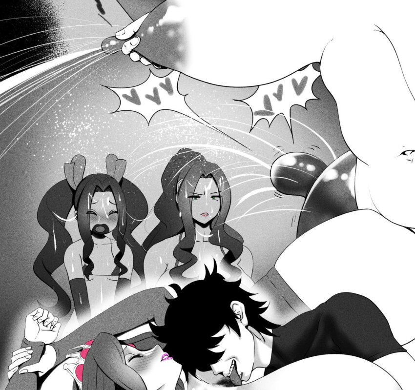 1boy 3girls blush breasts cheating_(relationship) grabbing_another&#039;s_breast groping heart implied_sex kmvt lactation large_breasts licking licking_another&#039;s_neck long_hair malty_s_melromarc mature_female melty_q_melromarc mirelia_q_melromarc monochrome mother_and_daughter multiple_girls nipples open_mouth purple_lips red_lips short_hair short_sleeves siblings sisters small_breasts spoken_heart spot_color tate_no_yuusha_no_nariagari teeth tongue tongue_out twintails watching