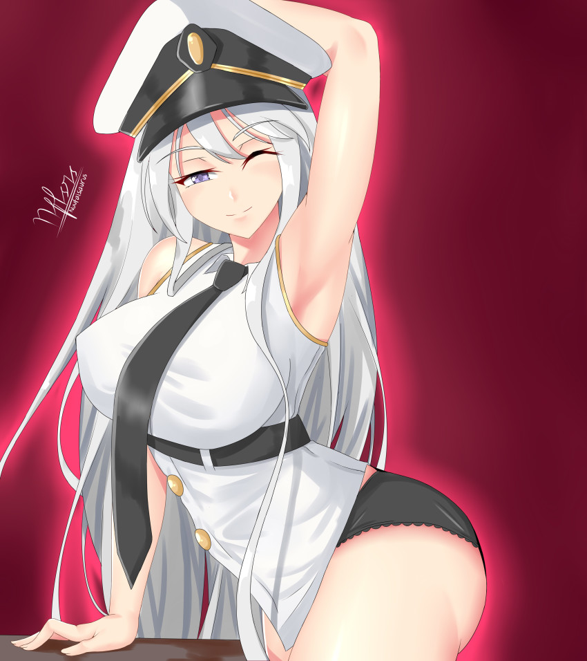 1girl absurdres armpits azur_lane breasts enterprise_(azur_lane) female_focus hat highres large_breasts long_hair looking_at_viewer naufalsaurus silver_hair skirt smile solo uss_enterprise_(cv-6)