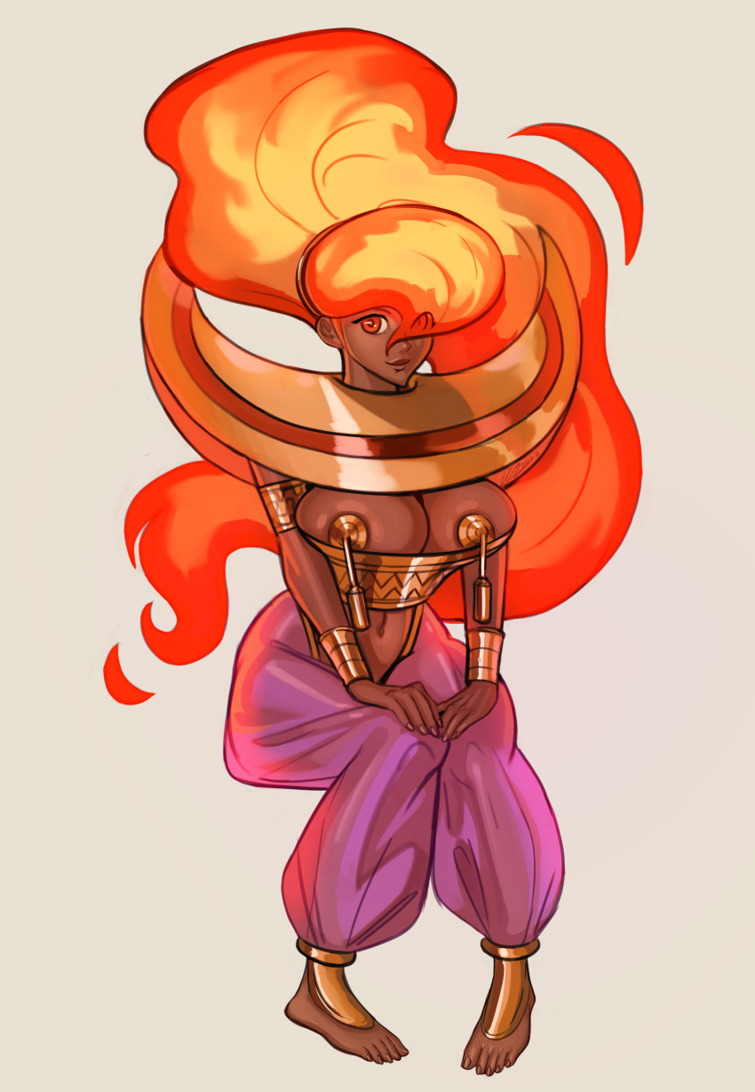 1girl absurdres armlet barefoot_sandals_(jewelry) breasts calvin_sims capcom dark-skinned_female dark_skin fire fire_hair grey_background hands_on_own_knees harem_outfit harem_pants highres jewelry large_breasts long_hair navel pants pasties power_stone red_eyes red_hair rouge_(power_stone) smile solo vambraces yellow_nails