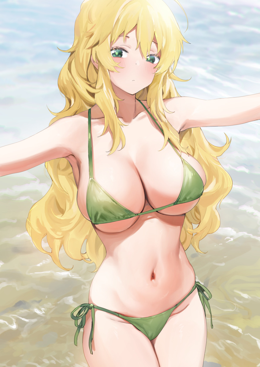 1girl absurdres bikini blonde_hair blush breasts cleavage closed_mouth cowboy_shot day djheycha green_bikini green_eyes hair_between_eyes halterneck highres hoshii_miki idolmaster idolmaster_(classic) large_breasts long_hair looking_at_viewer navel outdoors side-tie_bikini_bottom sidelocks solo standing stomach string_bikini summer swimsuit t-pose thighs wavy_hair