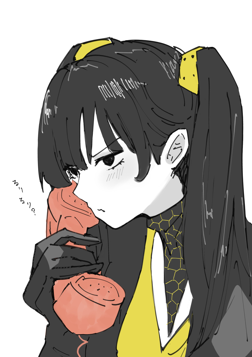 1girl absurdres black_gloves black_hair cycloneactionx gloves highres hiromi_(shin_kamen_rider) holding honeycomb_(pattern) honeycomb_print japanese_clothes kamen_rider kimono looking_to_the_side phone serious shin_kamen_rider simple_background solo sound_effects tokusatsu twintails upper_body white_background