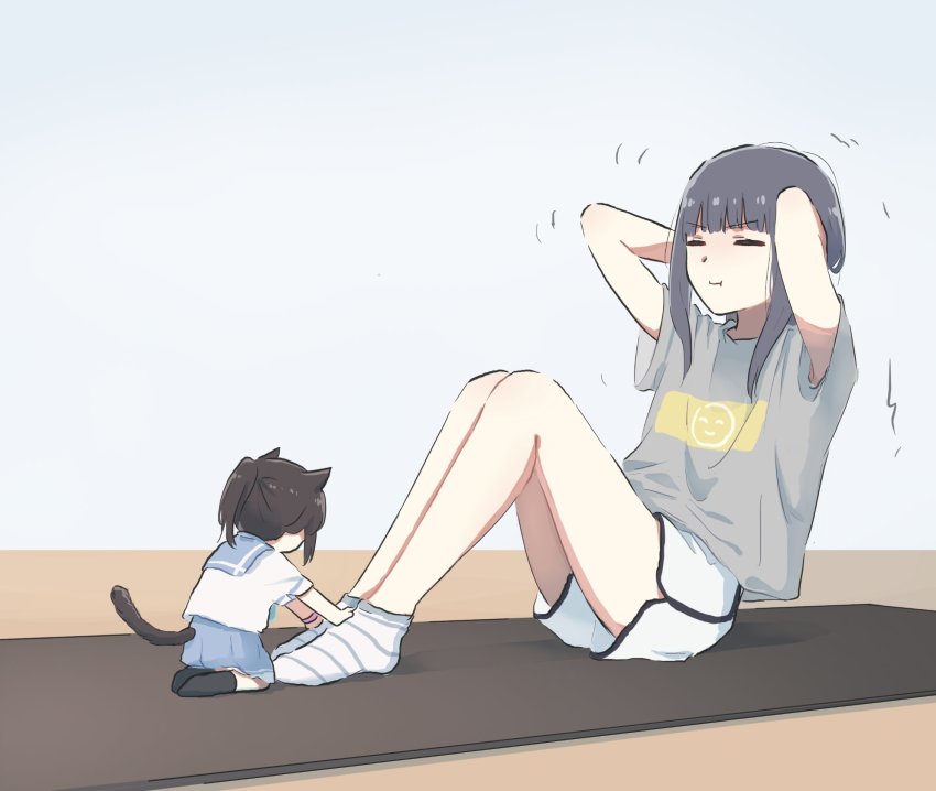 2girls animal_ears arms_behind_head black_hair black_socks blue_hair blue_sailor_collar blue_skirt cat_ears cat_girl cat_tail chibi closed_eyes closed_mouth exercising grey_shirt hibike!_euphonium highres kasaki_nozomi kitauji_high_school_uniform kneeling liz_to_aoi_tori long_hair lyy multiple_girls pleated_skirt ponytail sailor_collar school_uniform serafuku shirt short_sleeves shorts sit-up skirt socks t-shirt tail white_shirt white_shorts white_socks yoroizuka_mizore