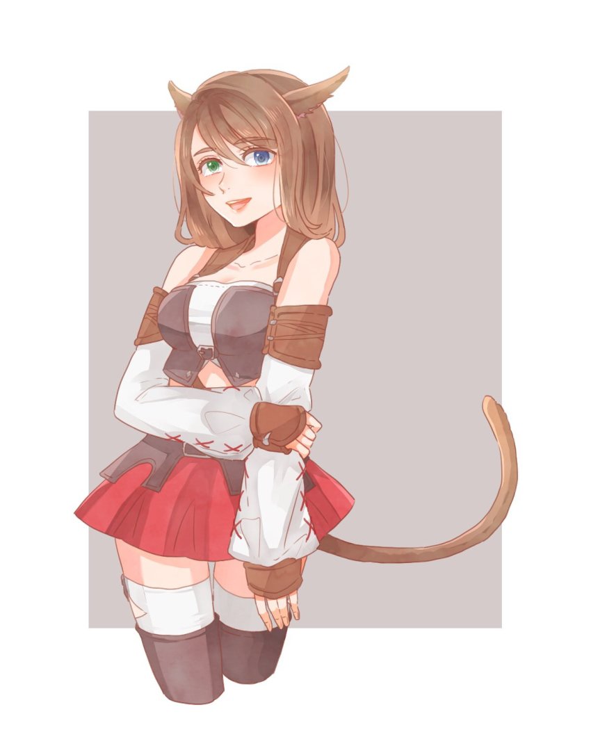 1girl :d animal_ears bare_shoulders blue_eyes breasts brown_hair cat_ears cat_girl cat_tail cleavage cosplay crop_top cropped_legs detached_sleeves female_focus final_fantasy final_fantasy_x final_fantasy_xiv green_eyes hair_between_eyes hand_on_own_arm heterochromia highres kemonomimi_mode long_sleeves medium_breasts medium_hair miniskirt miqo&#039;te miqo&#039;te_(cosplay) navel open_mouth puffy_long_sleeves puffy_sleeves red_skirt skirt smile solo tail teeth thighhighs toufu_(toufu_53) white_thighhighs yuna