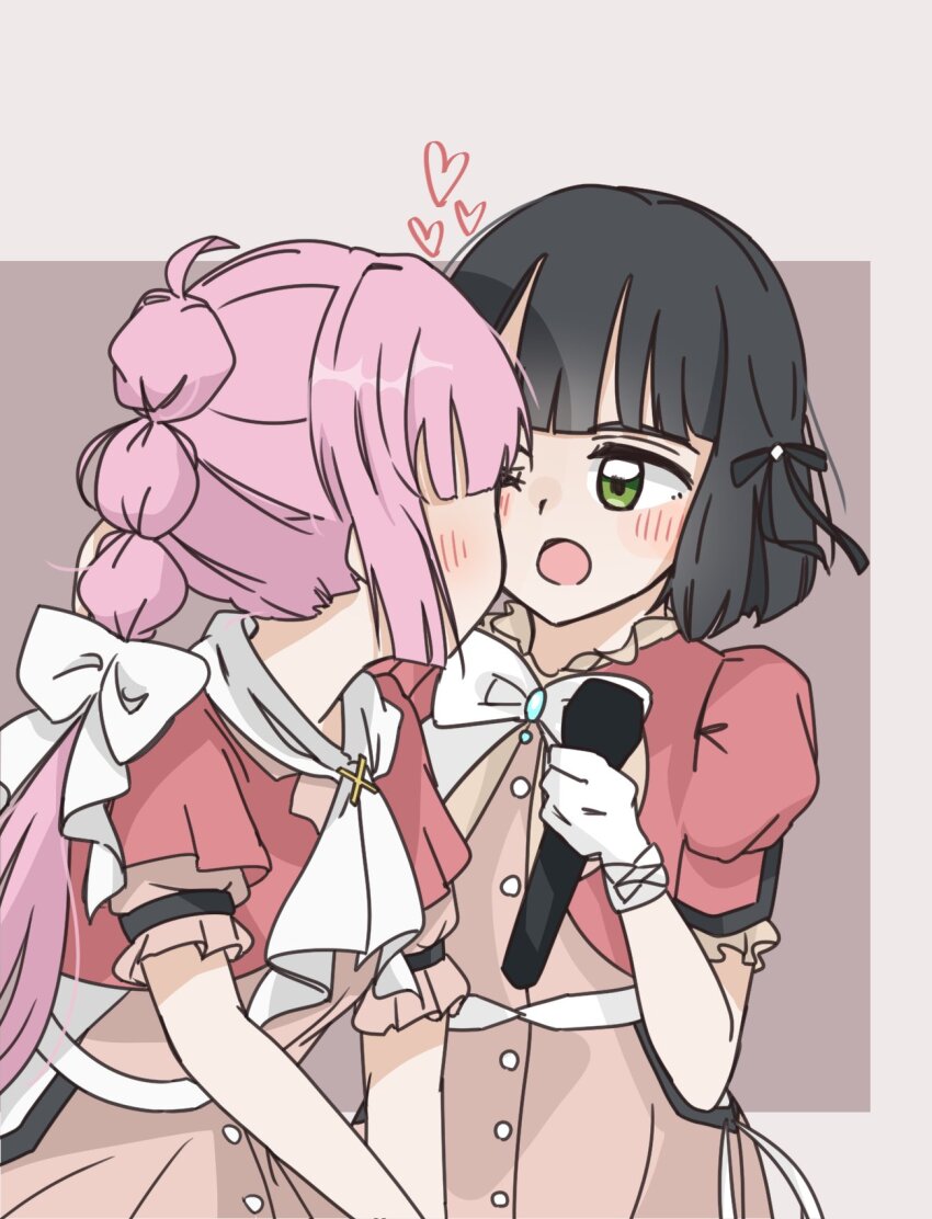 2girls 3rd_live_tour_try_tri_unity!!! anyoji_hime ascot black_hair black_ribbon bloom_the_smile_bloom_the_dream! blunt_bangs blunt_ends blunt_sidelocks bob_cut bow brown_background commentary_request dress gloves green_eyes hair_bow hair_ribbon heart highres holding holding_microphone jacket link!_like!_love_live! long_hair looking_at_another love_live! microphone mihasu_ll momose_ginko multi-tied_hair multiple_girls official_alternate_costume open_clothes open_jacket open_mouth orange_dress pink_jacket ponytail puffy_short_sleeves puffy_sleeves ribbon short-sleeved_jacket short_hair short_sleeves sidelocks simple_background virtual_youtuber white_ascot white_bow white_gloves