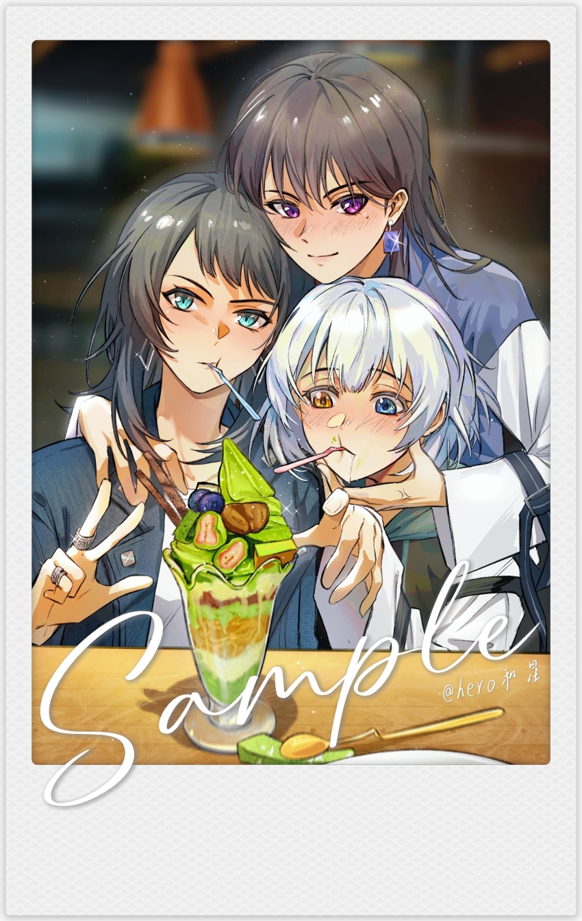 3girls absurdres bang_dream! bang_dream!_it&#039;s_mygo!!!!! black_jacket blue_eyes blush brown_hair chinese_commentary commentary_request drooling earrings fake_photograph glint grey_jacket hero45439083942 heterochromia highres ice_cream_spoon jacket jewelry kaname_raana light_particles long_hair matcha_parfait mitsuketa_keshiki_tazusaete mole mole_under_eye multiple_girls multiple_rings purple_eyes ring sample_watermark shiina_taki short_hair spoon utensil_in_mouth watermark white_background white_hair yahata_umiri yellow_eyes