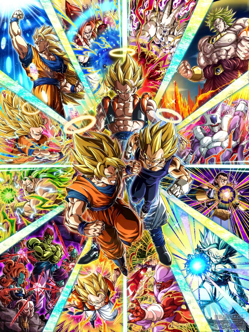6+boys aura black_hair blue_eyes clenched_hands colored_skin cooler_(dragon_ball) cooler_(fifth_form)_(dragon_ball) dougi dragon_ball dragon_ball_gt dragon_ball_super dragon_ball_z_dokkan_battle gloves gogeta highres janemba jewelry long_hair looking_at_viewer male_focus metamoran_vest monkey_boy multiple_boys muscular muscular_male omega_shenron open_mouth orange_hair pants pectorals short_hair smile son_goku spiked_hair super_android_17 super_saiyan super_saiyan_1 super_saiyan_2 super_saiyan_3 super_saiyan_4 super_saiyan_blue tail teeth topless_male vegeta wai_(y48754085) white_gloves