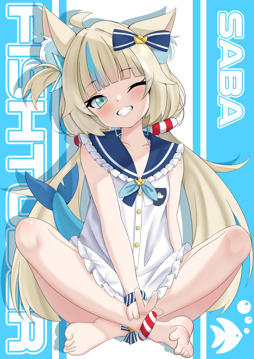 1girl absurdres ahoge animal_ear_fluff animal_ears barefoot blonde_hair blue_bow blue_collar blue_eyes blue_hair blush bow cat_ears character_name chiyo_setsuna closed_mouth collar dress fins fish_girl fish_tail hair_bow highres indie_virtual_youtuber lifebuoy_hair_ornament long_hair looking_at_viewer low_twintails multicolored_hair one_eye_closed one_side_up sameko_saba sleeveless sleeveless_dress smile solo streaked_hair tail twintails v very_long_hair virtual_youtuber white_dress