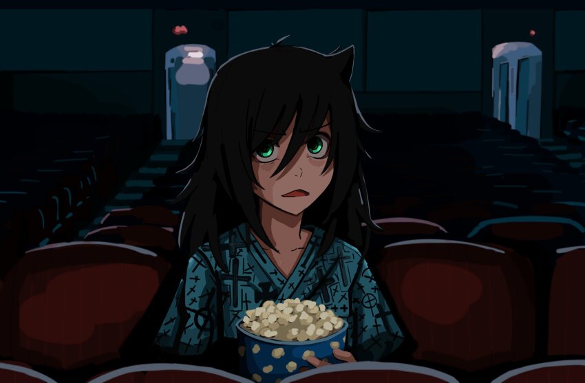 1girl :&lt; bags_under_eyes black_hair chair collarbone commentary cross cross_print dark doorway food green_eyes green_kimono hair_between_eyes highres holding holding_food japanese_clothes kimono kuroki_tomoko kurokimoko long_bangs long_hair looking_at_viewer messy_hair movie_theater on_chair open_mouth parted_lips popcorn sitting solo symbol-only_commentary upper_body v-shaped_eyebrows watashi_ga_motenai_no_wa_dou_kangaetemo_omaera_ga_warui!