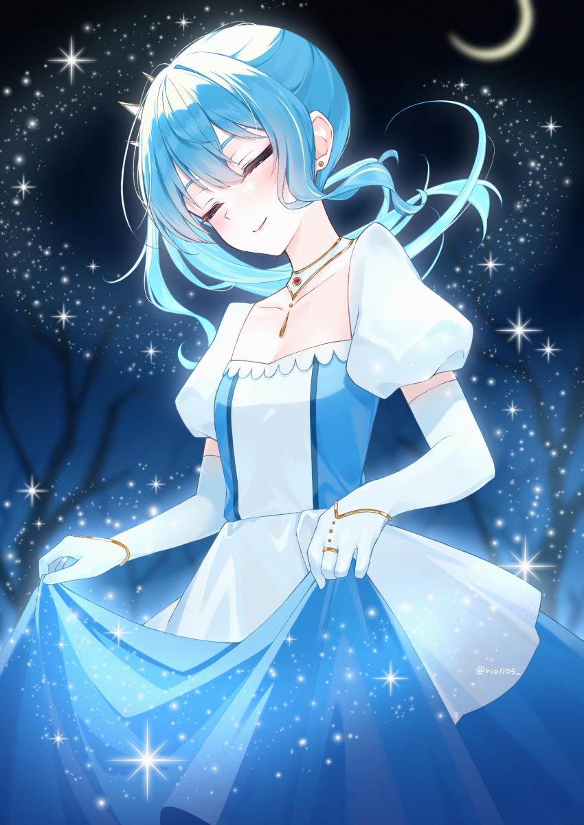 absurdres bibbidiba_(hololive) blue_dress cinderella closed_eyes crescent_moon curtsey dress earrings highres hololive hoshimachi_suisei ishikawa_rio jewelry magic moon necklace night side_ponytail sidelocks smile sparkle star_(sky) stud_earrings tree virtual_youtuber white_dress