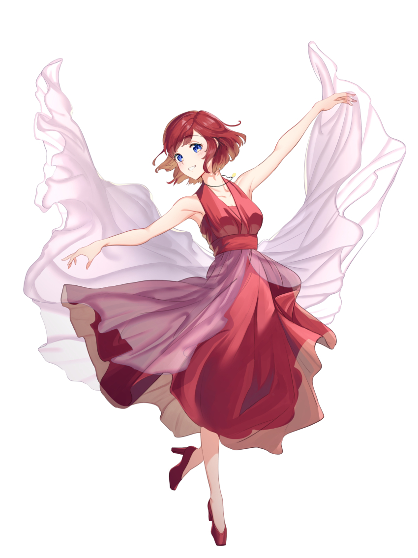 1girl blue_eyes dancing dress gogo_(detteiu_de) high_heels highres jewelry kairi_(kingdom_hearts) kingdom_hearts kingdom_hearts_iii looking_at_viewer necklace outstretched_arms red_dress red_footwear red_hair shawl short_hair simple_background smile solo