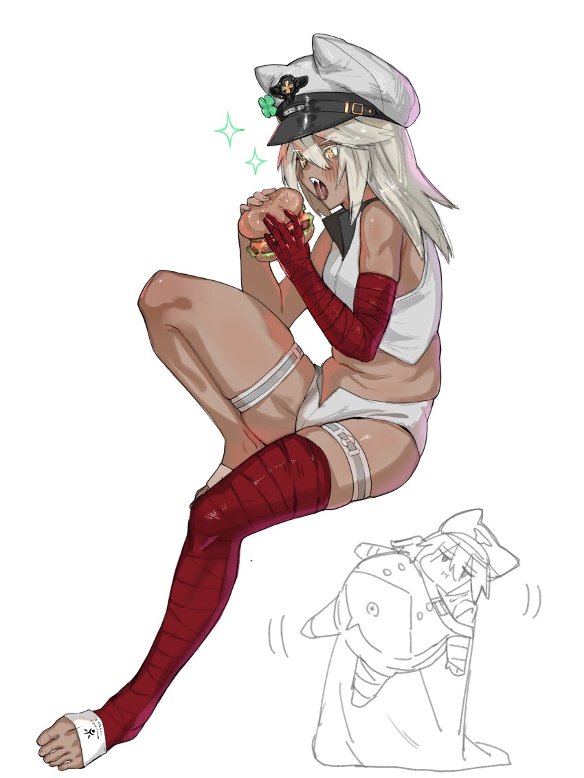 1girl absurdres animal_ears asymmetrical_legwear bandaged_leg bandages burger cat_ears cicada_(nnakqr5n6q9p2ht) clover commentary dark-skinned_female dark_skin feet food four-leaf_clover grey_hair guilty_gear guilty_gear_strive hat highres holding holding_burger holding_food invisible_chair open_clothes open_mouth open_shorts peaked_cap ramlethal_valentine saliva shorts sitting sparkle symbol-only_commentary teeth thigh_strap toeless_legwear toes white_background yellow_eyes