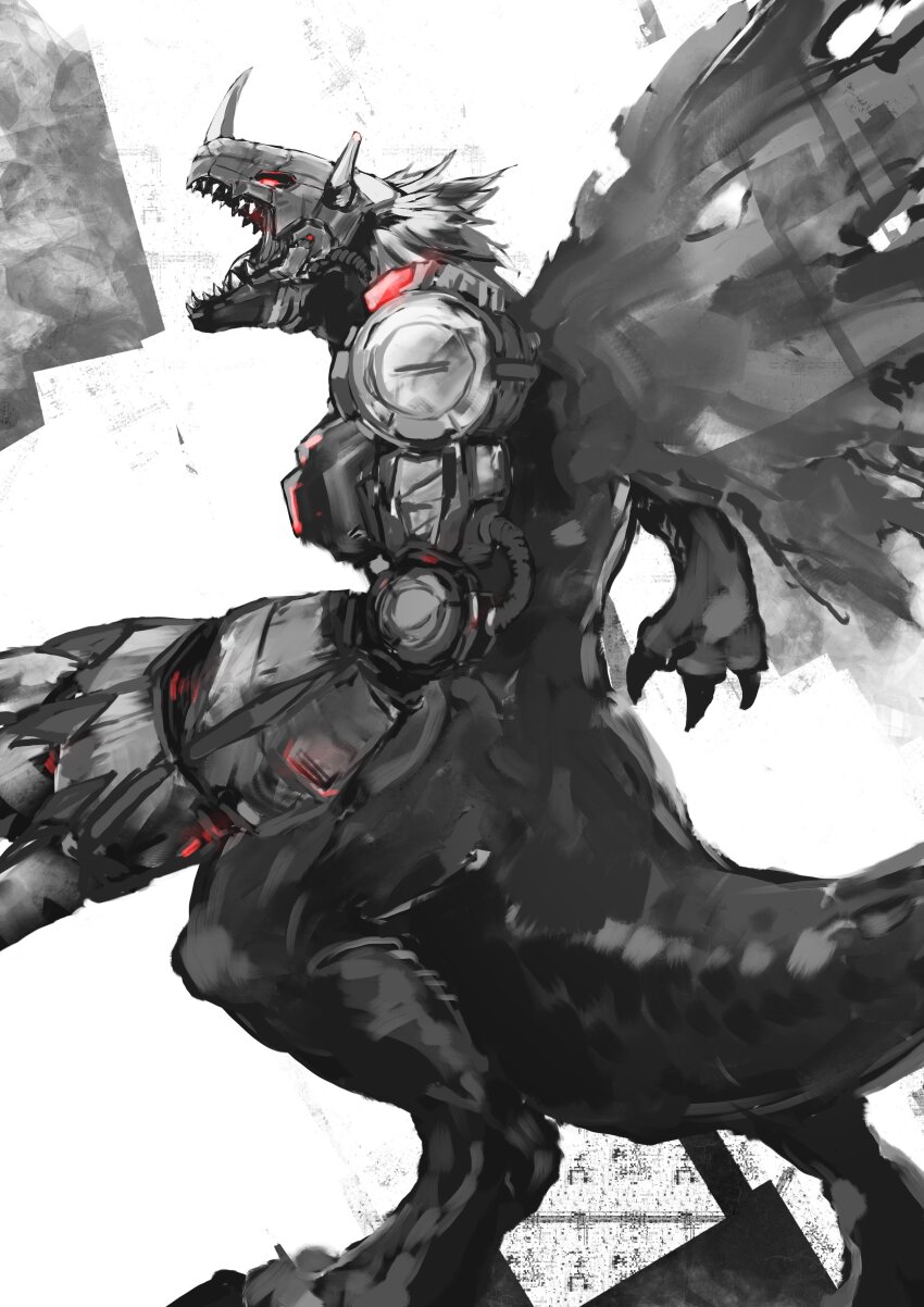 absurdres claw_(weapon) cyborg digimon digimon_(creature) dinosaur glowing glowing_eyes greyscale helmet highres horns mechanical_arms metalgreymon monochrome name_e04 open_mouth red_eyes sharp_teeth short_hair single_mechanical_arm solo spot_color teeth torn_wings weapon wings