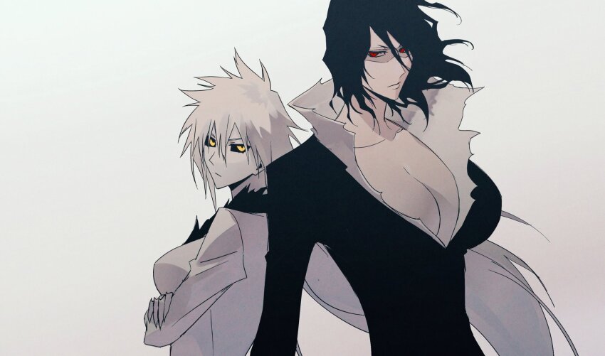 2girls back-to-back black_hair black_sclera bleach breasts cleavage closed_mouth colored_sclera colored_skin genderswap genderswap_(mtf) hair_between_eyes highres hollow_ichigo japanese_clothes large_breasts long_hair long_sleeves looking_at_viewer multiple_girls red_eyes shihakusho simple_background spiked_hair sunglasses white_background white_hair white_skin yellow_eyes zangetsu_(bleach) zangjun