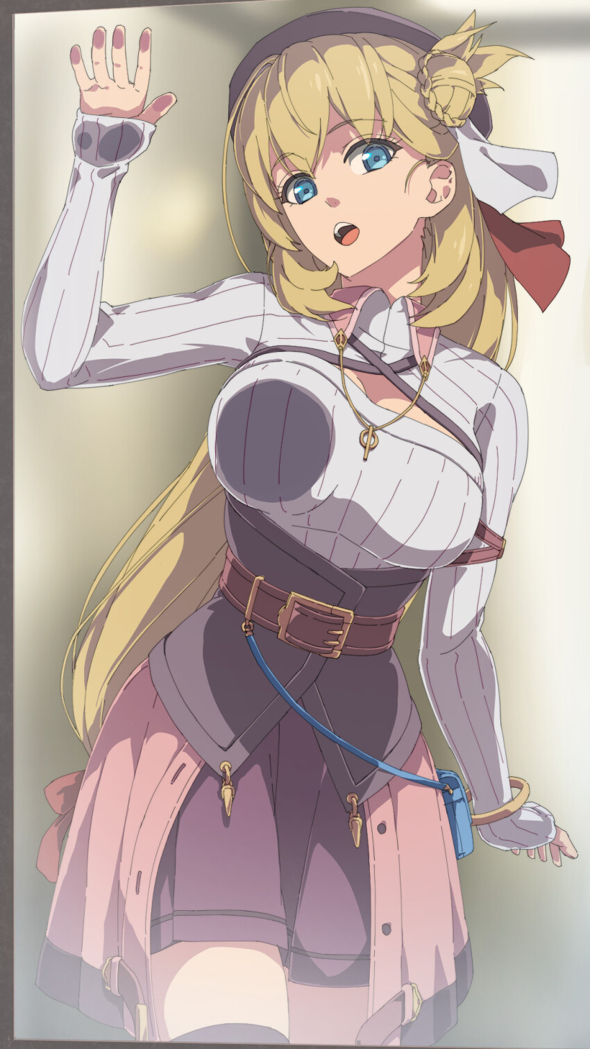 1girl against_glass agnes_claudel bag beret blonde_hair blue_eyes blurry blurry_background bracelet breast_press breasts breasts_on_glass bun_with_braided_base chiharu_(9654784) cleavage_cutout clothing_cutout double-parted_bangs eiyuu_densetsu hair_between_eyes hair_bun handbag hat highres jewelry kai_no_kiseki kuro_no_kiseki_(series) large_breasts long_hair long_sleeves looking_at_viewer pendant red_hat ribbed_sweater shorts single_side_bun solo sweater