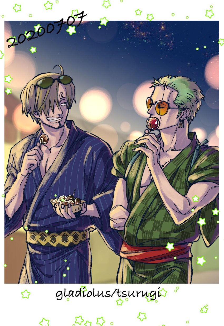 2boys artist_name blonde_hair blue_kimono commentary_request cowboy_shot dated earrings eating facial_hair food goatee green_hair highres japanese_clothes jewelry kimono male_focus multiple_boys mustache one_piece red_sash roronoa_zoro sanji_(one_piece) sash scar scar_across_eye scar_on_face smile star_(symbol) sunglasses takoyaki trg_rak wide_sleeves
