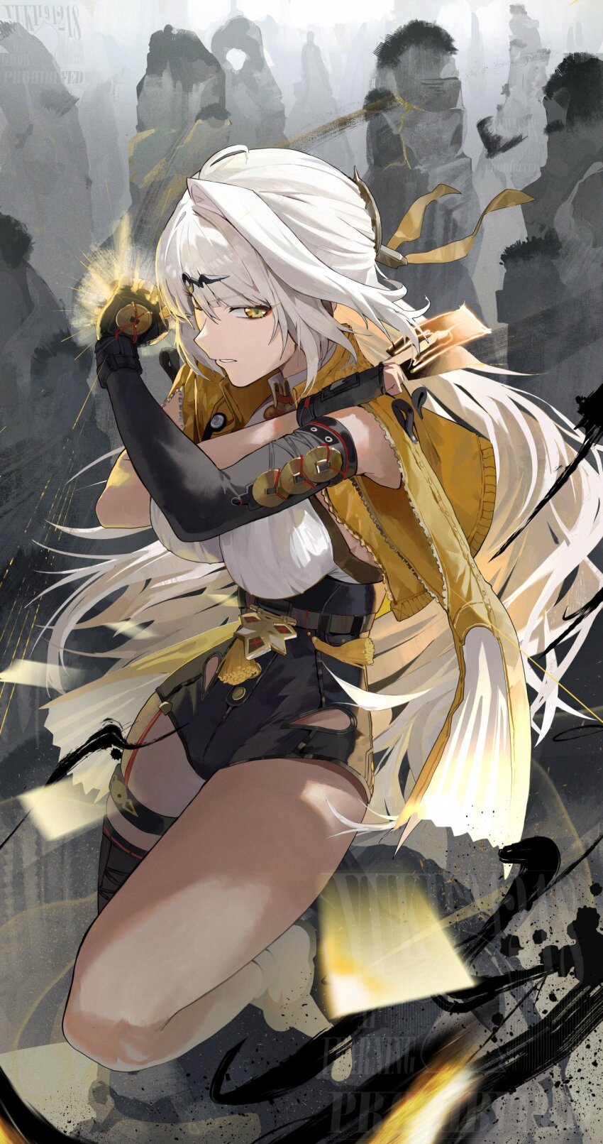 1girl absurdres asymmetrical_gloves black_unitard breasts elbow_gloves fingerless_gloves gloves hair_ornament high-waist_shorts highres holding_ofuda jacket large_breasts long_hair open_clothes open_jacket shorts single_elbow_glove single_hair_intake single_thighhigh thighhighs uneven_gloves white_hair yellow_eyes yellow_jacket yi_xuan_(zenless_zone_zero) yukii91218 zenless_zone_zero