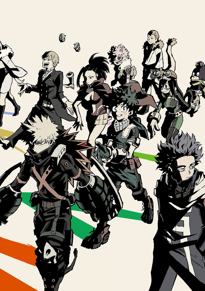 5girls 6+boys :&gt; :o alternate_hair_color ashido_mina asui_tsuyu baggy_pants bags_under_eyes bakugou_katsuki belt belt_buckle belt_pouch black_belt black_eyes black_footwear black_hair black_jacket black_pants black_sclera blonde_hair bodysuit boku_no_hero_academia boots breasts bright_pupils buckle buttons cape cel_shading center_opening closed_eyes closed_mouth colored_sclera colored_shadow colored_skin combat_boots commentary cropped_vest detexted double-breasted dougi explosive floating_cape floating_hair freckles fur-tipped_tail fur-trimmed_vest fur_trim gloves goggles goggles_on_head green_bodysuit green_eyes green_gloves green_hair grenade grey_background grey_gloves grey_scarf hagakure_toru hair_between_eyes hair_pulled_back hair_rings hair_slicked_back hair_strand hands_in_pockets hands_up headgear high_collar high_contrast high_ponytail highres holding_own_wrist horns invisible jacket japanese_clothes jumping key_visual kimono knee_boots knee_pads lapels leotard long_hair long_scarf long_sleeves looking_at_another looking_at_viewer looking_to_the_side low-tied_long_hair mask mask_around_neck medium_breasts messy_hair midoriya_izuku mineta_minoru monoma_neito multiple_belts multiple_boys multiple_girls muted_color no_pupils official_art ojiro_mashirao open_clothes open_mouth open_vest pac-man_eyes pants petite pink_hair pink_skin polka_dot_necktie ponytail popped_collar pouch promotional_art purple_eyes purple_hair red_belt red_cape red_footwear red_leotard sanpaku scarf shadow shawl_lapels shinso_hitoshi short_hair sidelighting sidelocks sideways_glance sideways_mouth simple_background single_horizontal_stripe sleeve_cuffs smile snap-fit_buckle spiked_hair tail thigh_pouch third-party_edit third-party_source track_pants track_suit turning_head u.a._gym_uniform unitard vest walking white_belt white_kimono white_mask white_pants white_pupils x yanagi_reiko yaoyorozu_momo yellow_boots yellow_cape yellow_eyes yellow_gloves yellow_horns yellow_vest