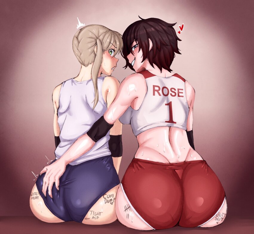 2girls alphamob200x ass back black_hair blonde_hair blue_shorts body_writing buruma elbow_pads from_behind grabbing_another&#039;s_ass green_eyes grin groping highres looking_at_viewer looking_back maka_albarn multiple_girls red_hair ruby_rose rwby short_hair shorts sitting sleeveless smile soul_eater sportswear tally tank_top twintails volleyball_uniform white_tank_top