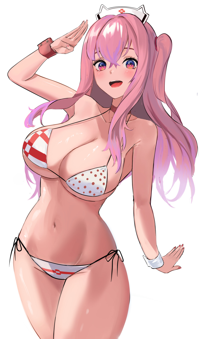 1girl :d absurdres armpit_crease bikini breasts cleavage cowboy_shot goddess_of_victory:_nikke hat highres kopepan_(kopepann11) large_breasts navel nurse_cap one_side_up open_mouth pepper_(nikke) pepper_(ocean_vitamin)_(nikke) pink_hair red_eyes red_nails salute side-tie_bikini_bottom simple_background smile solo stomach strap_gap swimsuit thighs white_background wrist_cuffs