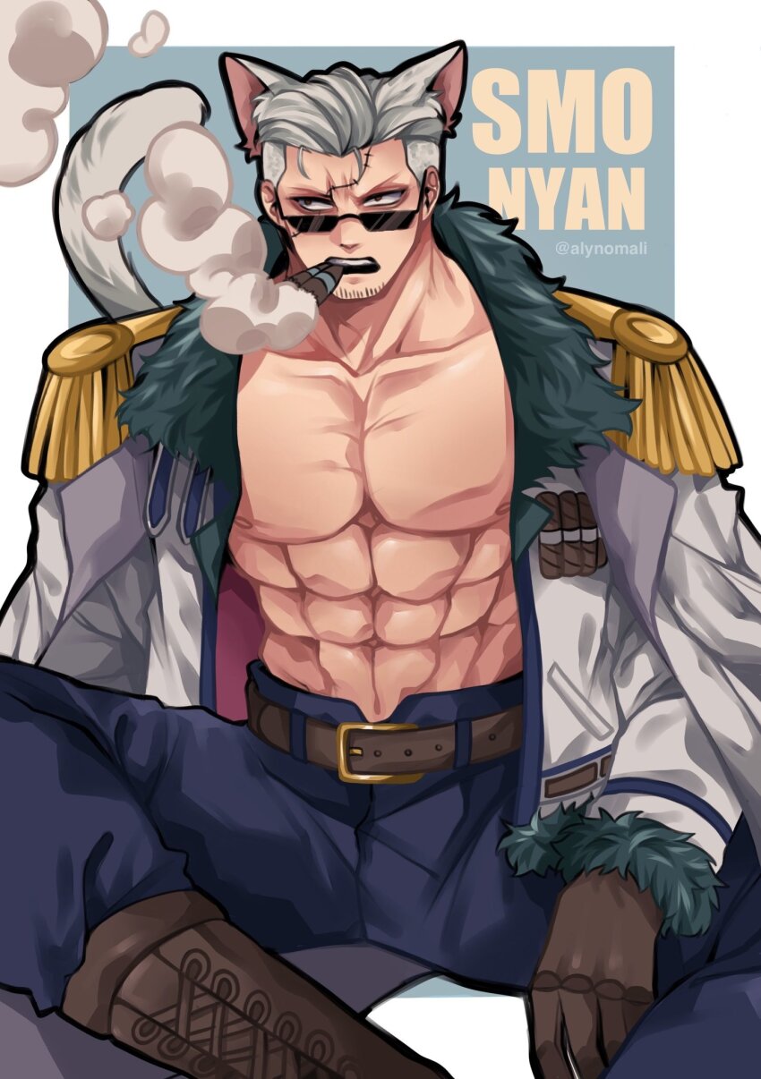 1boy abs alynomali animal_ears bara bare_pectorals cat_boy cat_ears cat_tail gloves highres holding holding_weapon kemonomimi_mode large_pectorals looking_to_the_side male_focus muscular muscular_male one_piece pectorals short_hair shredded_muscles sitting smoker_(one_piece) solo sparse_stubble stitches tail tsurime v-taper weapon white_hair