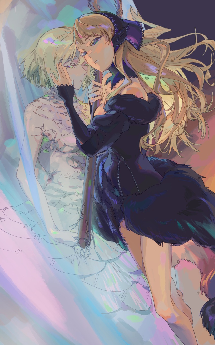 2girls absurdres ambrosia_(dungeon_meshi) bare_shoulders black_dress blonde_hair chinese_commentary clarentqaq commentary_request detached_collar dress dungeon_meshi encasement expressionless falin_touden falin_touden_(chimera) feathers foot_out_of_frame from_side fur-trimmed_dress fur_trim green_eyes half-closed_eyes headscarf highres holding holding_staff lace-trimmed_sleeves lace_trim long_hair long_sleeves marcille_donato marcille_donato_(lord) monster_girl multiple_girls off-shoulder_dress off_shoulder parted_lips short_hair sleeves_past_wrists staff