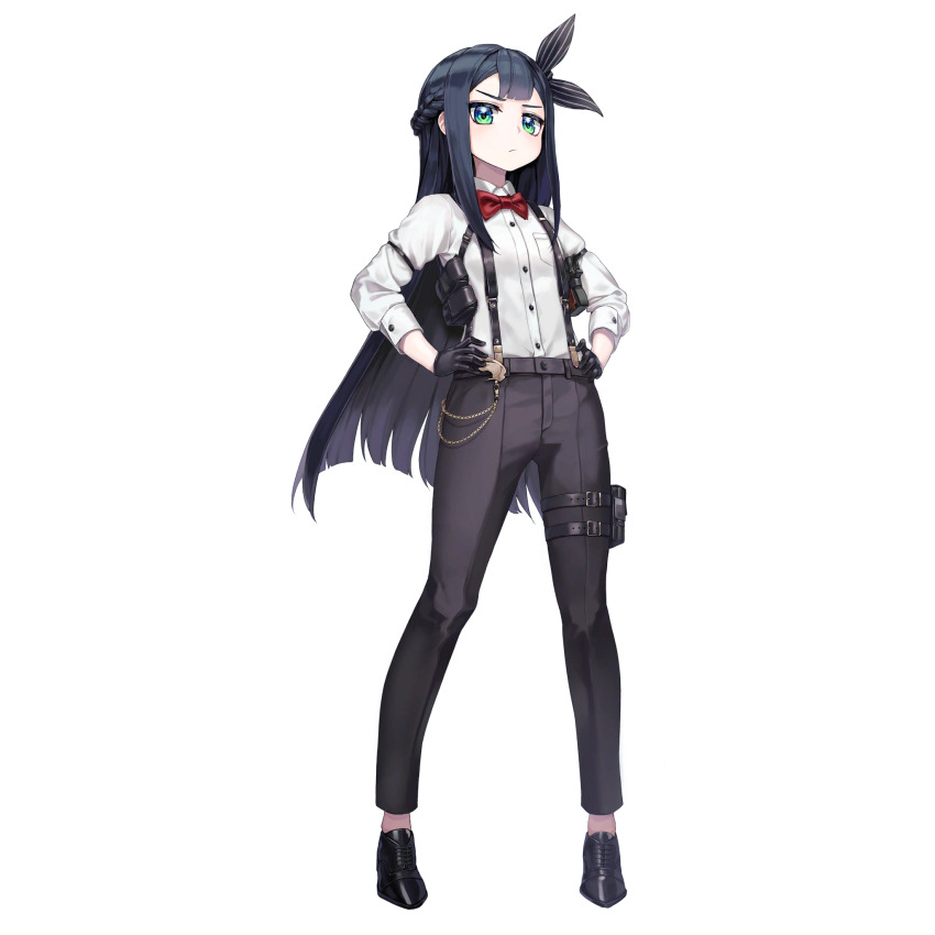 1girl :/ andvari_(last_origin) arm_strap belt_pouch black_gloves black_hair black_pants black_ribbon black_shoes braid breast_pocket buttons chain collared_shirt d-log flat_chest french_braid full_body game_cg gloves gold_chain green_eyes gun hair_ribbon hands_on_own_hips highres holster holstered last_origin leather leather_gloves leg_belt loafers long_hair looking_at_viewer neck_ribbon official_alternate_costume official_art pants pocket pouch red_ribbon ribbon shirt shoes sidelocks simple_background solo standing striped_ribbon suspenders tachi-e third-party_source transparent_background weapon white_shirt