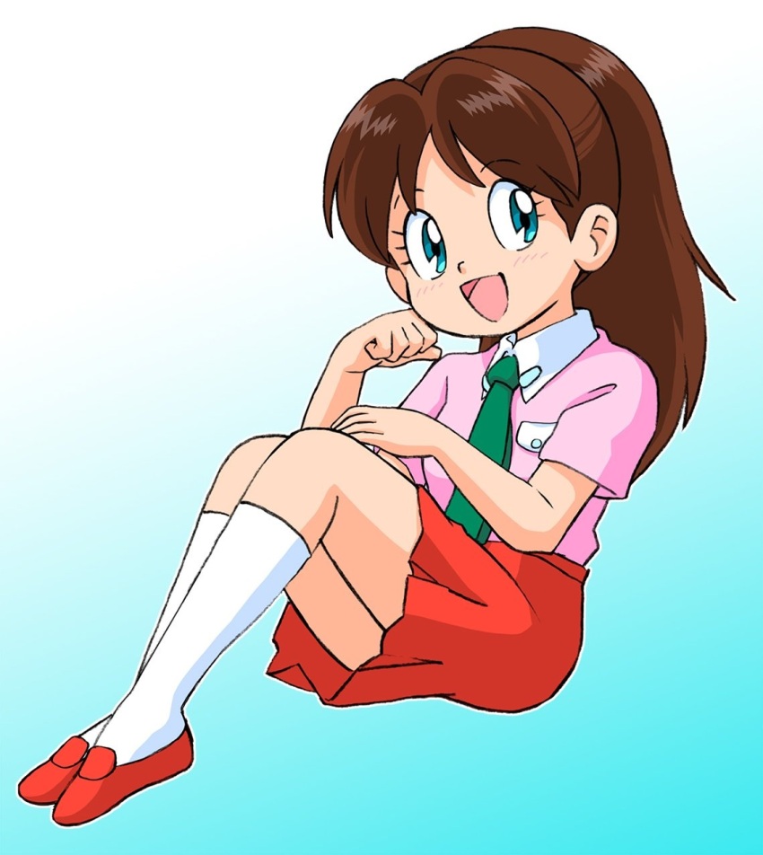 brown_hair child genji_tsuushin_agedama heike_ibuki highres legs necktie official_art ponytail shirt shoes sitting smile socks tenpuraken