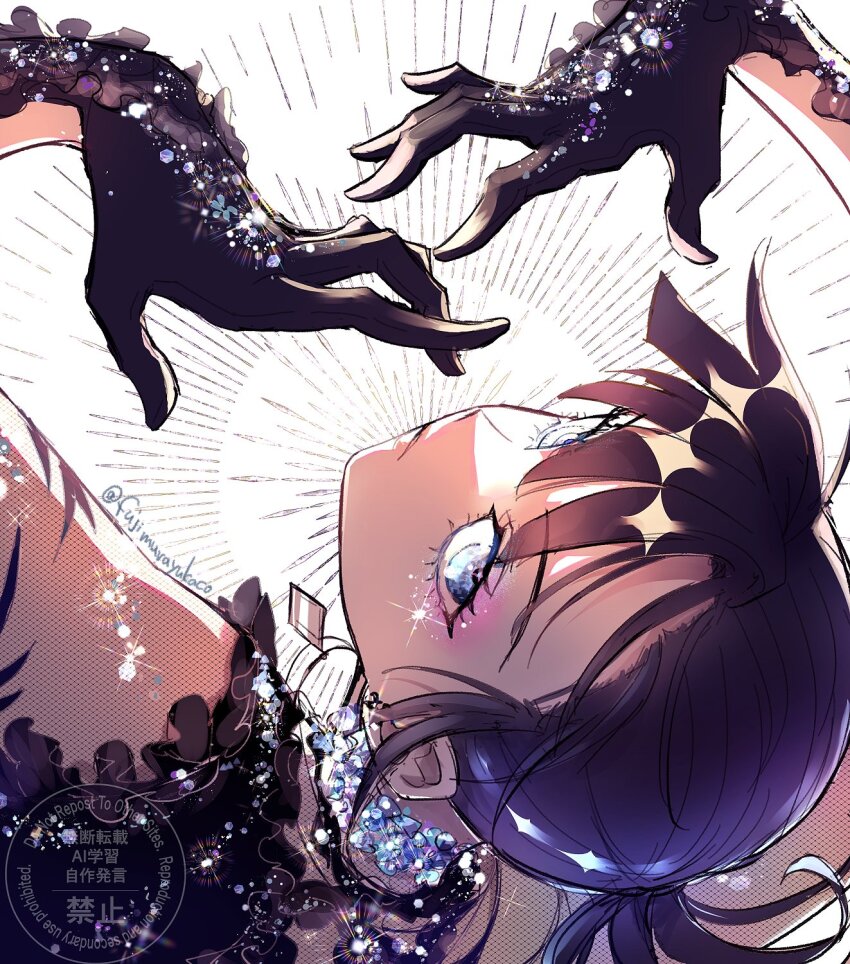 1girl arms_up black_dress black_gloves black_hair blue_eyes dress expressionless gloves head_tilt highres looking_at_viewer medalist_(manga) okazaki_iruka parted_lips ponytail rimuro short_hair solo upper_body