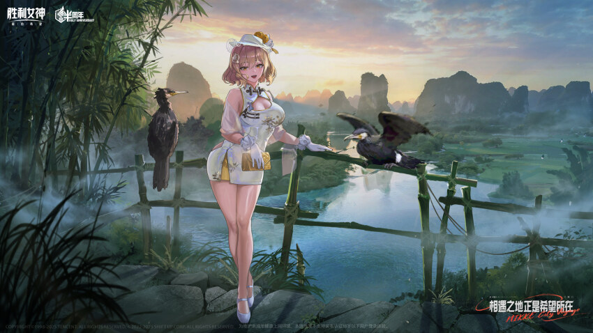 1girl absurdres alternate_costume anis_(nikke) bamboo bamboo_fence bamboo_forest bird breasts brown_eyes brown_hair china_dress chinese_clothes chinese_commentary cleavage cleavage_cutout clothing_cutout cloud cloudy_sky commentary_request dress evening fence forest full_body gloves goddess_of_victory:_nikke hat high_heels highres large_breasts looking_at_viewer medium_hair mountain nature official_art open_mouth outdoors pond shoes sky smile solo white_dress white_gloves white_hat white_shoes