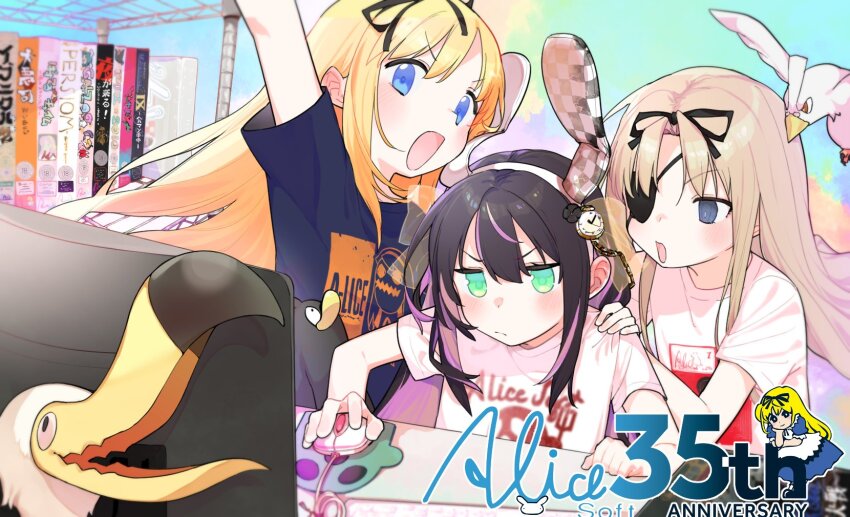 3girls alice_(alicesoft) alice_soft animal_ears anniversary bird black_hair blonde_hair blue_eyes computer_mouse dai_(series) daiakuji dodo_(bird) dohna_dohna_issho_ni_warui_koto_o_shiyou evenicle_(series) evenicle_2 eyepatch fake_animal_ears galzoo_island green_eyes highres kurokami_alice long_hair monitor multiple_girls open_mouth pastel_chime pastel_chime_-koi_no_skill_up- persiom playing_games rabbit_ears rance_(series) rance_ix shelf shikosour shirt smile t-shirt yami_alice yoru_ga_kuru!