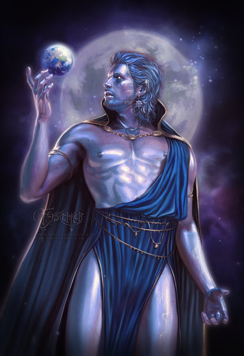 1boy abs arm_up baldur&#039;s_gate baldur&#039;s_gate_3 bare_pectorals bare_shoulders chest_hair collared_robe commentary dungeons_&amp;_dragons earrings earth_(planet) english_commentary feyspeaker full_moon gale_(baldur&#039;s_gate) glowing glowing_eyes glowing_veins hair_slicked_back highres jewelry leg_hair looking_at_object male_focus moon nipples parted_lips pectorals piercing planet popped_collar purple_theme robe sideburns solo space teeth thighs wavy_hair