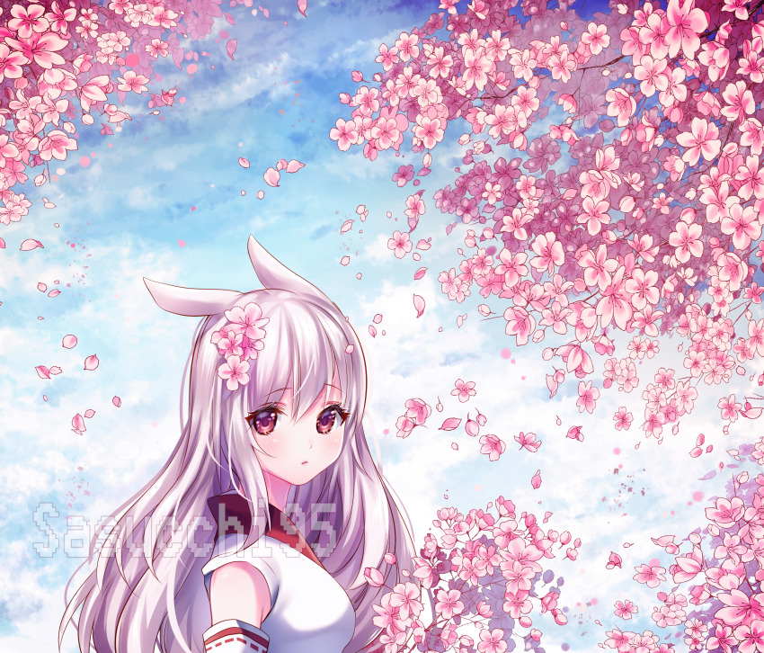 1girl aki_(sasucchi95) animal_ears artist_name bare_shoulders blue_sky breasts cherry_blossoms closed_mouth cloud commentary detached_sleeves english_commentary falling_petals flower from_side frown hair_between_eyes highres japanese_clothes kimono large_breasts long_hair looking_at_viewer original outdoors petals pink_flower pink_petals portrait rabbit_ears rabbit_girl red_eyes sasucchi95 sidelocks sky sleeveless sleeveless_kimono solo straight_hair turning_head white_hair white_kimono white_sleeves wind