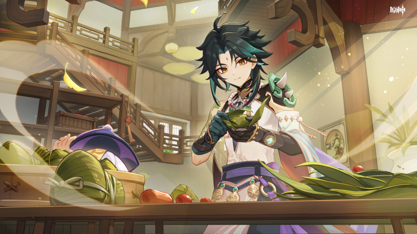 1boy 1girl absurdres ahoge aqua_hair arm_tattoo arm_up asymmetrical_gloves bead_necklace beads black_gloves blue_pants box cape chinese_commentary closed_mouth commentary_request copyright_name detached_sleeves eyeliner facial_mark falling_leaves food food_request forehead_mark genshin_impact gloves green_gloves green_hair hands_up hanging_scroll hat highres holding holding_food indoors jewelry leaf light_particles light_rays looking_down makeup mismatched_gloves multicolored_hair necklace official_art ofuda ofuda_on_head pants parted_bangs pelvic_curtain plant purple_cape purple_hat purple_ribbon qingdai_guanmao qiqi_(genshin_impact) railing red_eyeliner ribbon scroll shelf shirt short_hair shoulder_spikes sidelocks single_detached_sleeve sleeveless sleeveless_shirt smile spikes split_mouth standing streaked_hair table tassel tattoo vase vision_(genshin_impact) white_shirt wide_sleeves window wooden_box wooden_railing wooden_table xiao_(genshin_impact) yellow_eyes