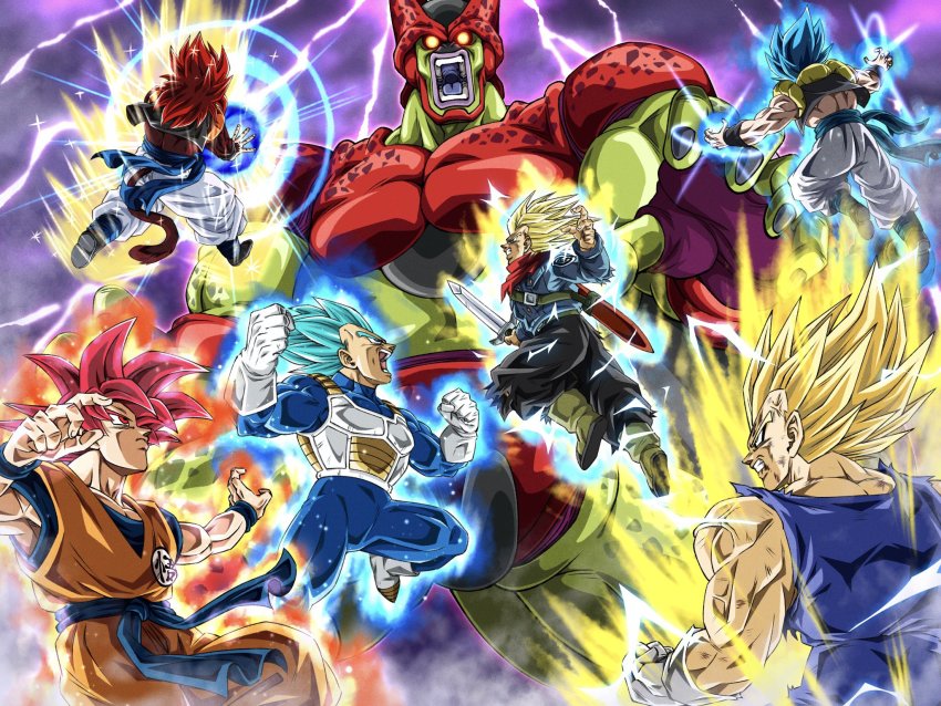 6+boys armor aura baggy_pants big_bang_kamehameha black_footwear black_pants blonde_hair blue_bodysuit blue_eyes blue_hair blue_jacket blue_sash blue_shirt bodysuit boots capsule_corp cell_max clenched_hand clenched_hands clenched_teeth colored_skin commentary denim denim_jacket dougi dragon_ball dragon_ball_gt dragon_ball_super dragon_ball_super_broly dragon_ball_super_super_hero dragon_ball_z_dokkan_battle dragonball_z electricity frown gloves glowing glowing_eyes gogeta green_skin highres holding holding_sword holding_weapon incoming_attack jacket kamehameha_(dragon_ball) lightning majin_vegeta male_focus metamoran_vest monkey_tail multicolored_skin multiple_boys muscular muscular_male neckerchief open_mouth orange_pants orange_shirt pants purple_background red_eyes red_fur red_hair red_neckerchief red_skin sash scuffed serious sheath shirt shoes shouting son_goku sparkle spiked_hair super_saiyan super_saiyan_2 super_saiyan_4 super_saiyan_blue super_saiyan_god sword tail teeth torn_bodysuit torn_clothes torn_pants torn_shirt trunks_(dragon_ball) trunks_(future)_(dragon_ball) v-shaped_eyebrows vegeta veins wai_(y48754085) weapon white_footwear white_gloves white_pants wristband yellow_boots
