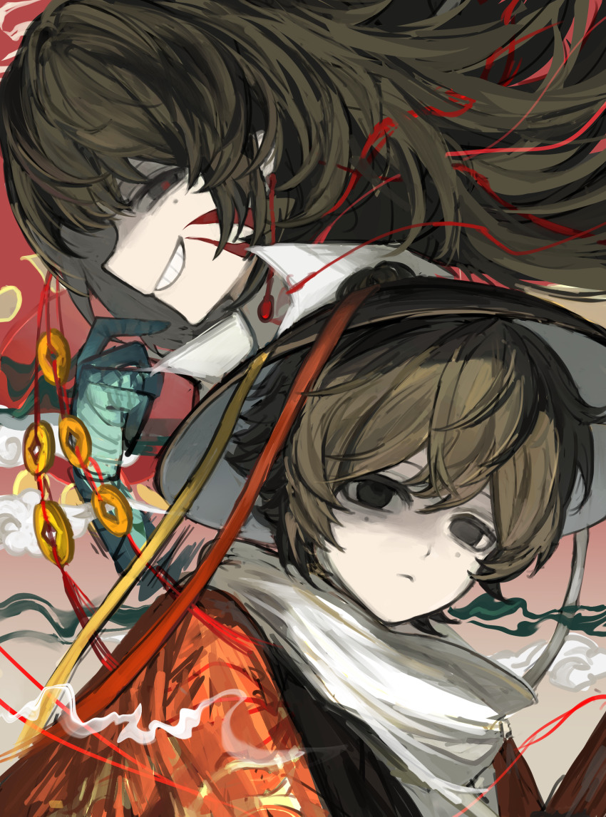 2boys absurdres bandaged_arm bandaged_hand bandages black_hair cen_boyao chinese_commentary closed_mouth coin coin_on_string commentary_request empty_eyes frown grin hair_bun hair_through_headwear highres holed_coin huayangshan_jishi long_hair male_focus mole mole_under_each_eye mole_under_eye multiple_boys multiple_moles pale_skin red_pupils short_hair single_hair_bun smile xiaofan69759 zhao_yuwen