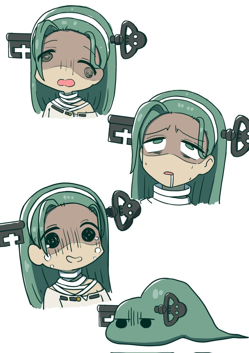 1girl a.b.a animalization bandaged_head bandages bocchi_the_rock! cosplay cropped_shoulders drooling empty_eyes gotoh_hitori gotoh_hitori_(cosplay) gotoh_hitori_(tsuchinoko) green_eyes green_hair guilty_gear guilty_gear_strive head_only highres key_in_head long_hair nirade44 object_through_head parted_lips simple_background white_background