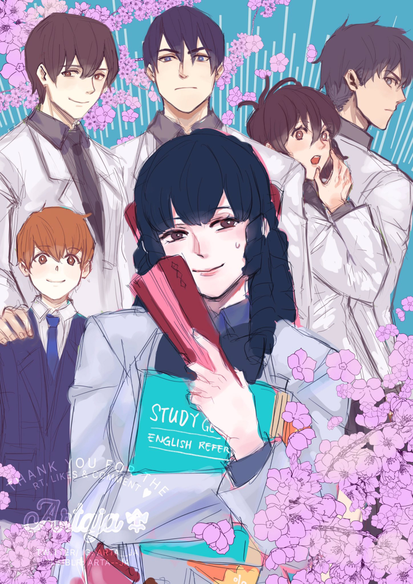 2girls 4boys black_hair black_necktie blazer blue_background blue_jacket blue_necktie book brothers brown_hair cloudchair collared_shirt covering_own_mouth drill_hair enjou_shuusuke enjou_yukino flower folding_fan from_behind grey_shirt hair_ribbon hand_fan hand_on_another&#039;s_shoulder hand_over_own_mouth highres holding holding_book holding_fan holding_to_chest jacket kaburagi_masaya kenkyo_kenjitsu_wo_motto_ni_ikite_orimasu kisshouin_reika looking_at_another mizusaki_arima multiple_boys multiple_girls necktie open_mouth painting_(medium) red_ribbon ribbon shirt siblings smile surprised sweatdrop takamichi_wakaba textbook traditional_media watercolor_(medium) watermark white_shirt