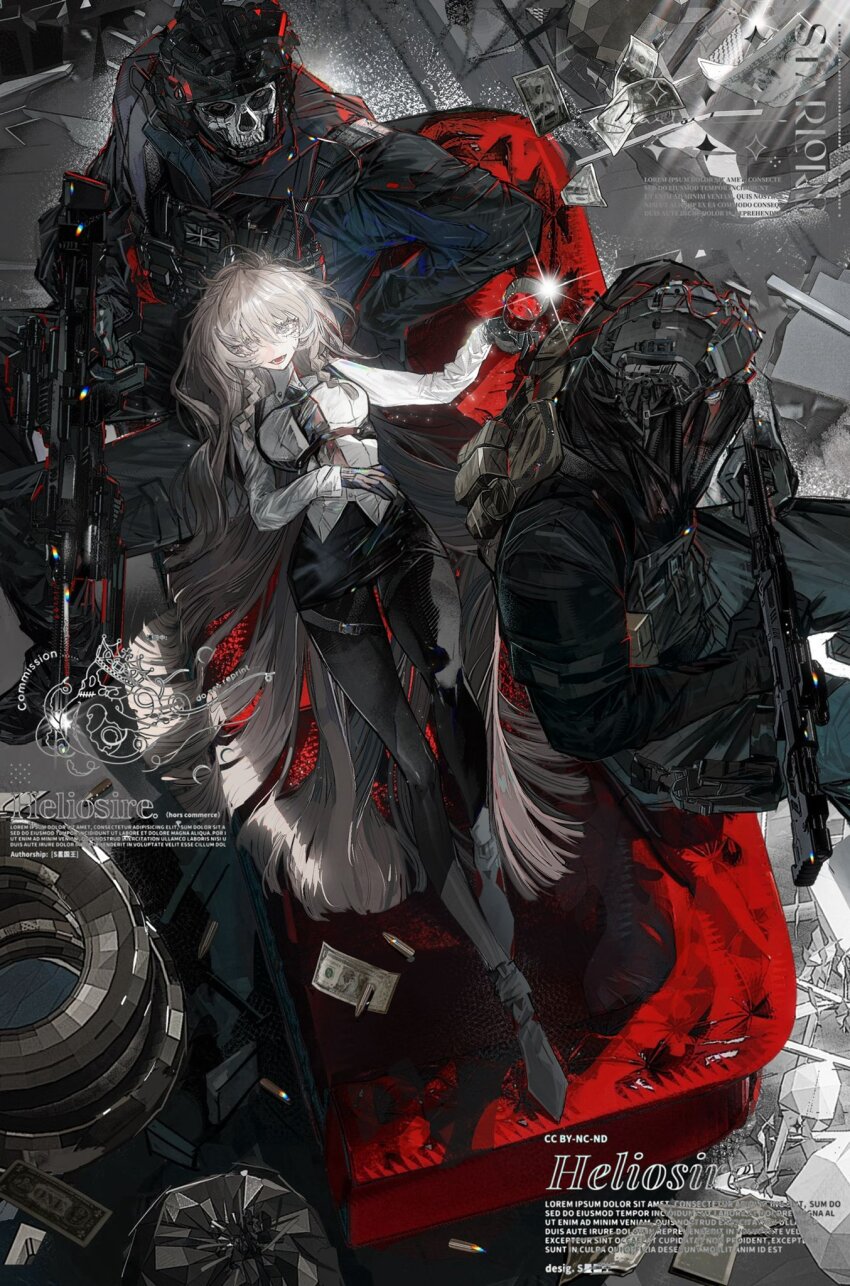 1girl 2boys banknote black_gloves black_pants blonde_hair braid breasts bulletproof_vest call_of_duty call_of_duty:_black_ops chalice chest_harness copyright_request couch cup gloves gun harness helmet highres holding holding_gun holding_weapon looking_at_viewer lying magazine_(weapon) mask medium_breasts money multiple_boys necktie on_back open_mouth pants patch s_xing_guowang shirt skull_mask twin_braids weapon yellow_eyes