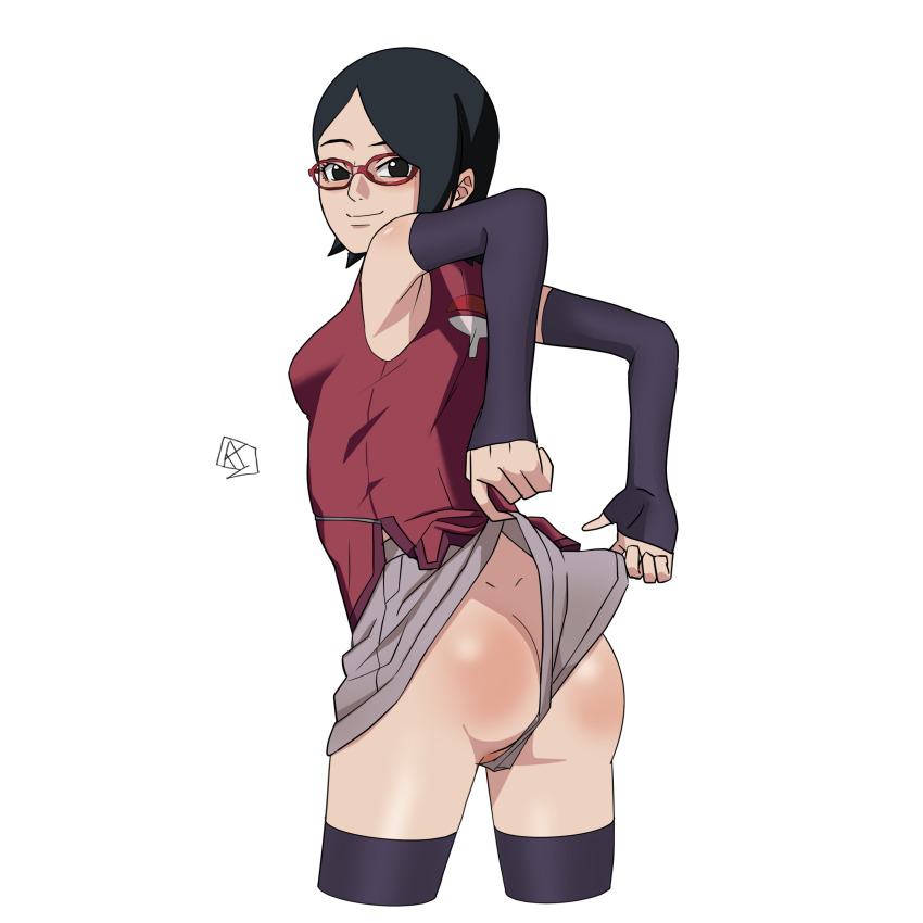 1girl absurdres aldwelter arms_behind_back artist_logo ass ass_focus black_eyes black_gloves black_hair black_thighhighs boruto:_naruto_next_generations boruto:_naruto_the_movie breasts butt_crack clothes_pull cowboy_shot dimples_of_venus elbow_gloves fingerless_gloves from_behind glasses gloves gluteal_fold grey_shorts highres logo looking_at_viewer looking_back naruto_(series) no_panties pulling_own_clothes red-framed_eyewear red_shirt shirt short_hair shorts shorts_lift shorts_pull sideboob simple_background sleeveless sleeveless_shirt smile smiley_face solo thighhighs uchiha_sarada uchiha_symbol white_background