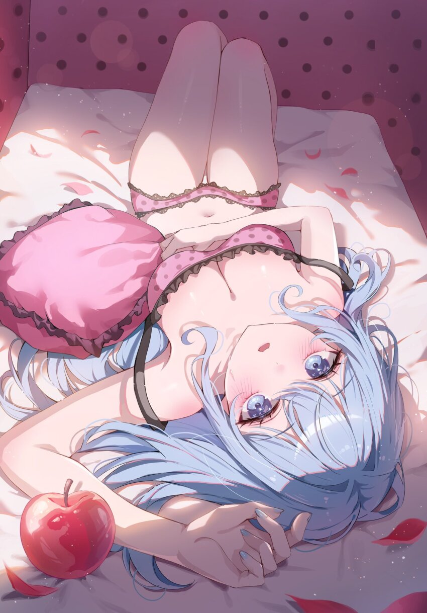 1girl apple aqua_hair bare_arms bare_legs bare_shoulders bed_sheet blue_eyes blue_hair blue_nails blush breasts camisole cleavage fingernails food fruit hair_between_eyes hatsune_miku highres ien_(to_yen) long_hair looking_at_viewer lying nail_polish navel parted_lips pillow pink_camisole pink_pillow polka_dot polka_dot_camisole romeo_to_cinderella_(vocaloid) solo strap_slip twintails very_long_hair vocaloid