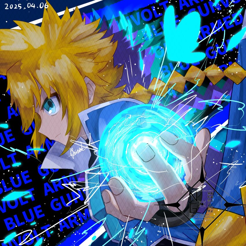 1boy asso_(asso_648) azure_striker_gunvolt azure_striker_gunvolt_1 blonde_hair blue_coat blue_eyes braid braided_ponytail bug butterfly coat copyright_name dated electricity gunvolt highres insect long_hair male_focus missing_commentary profile solo upper_body watermark