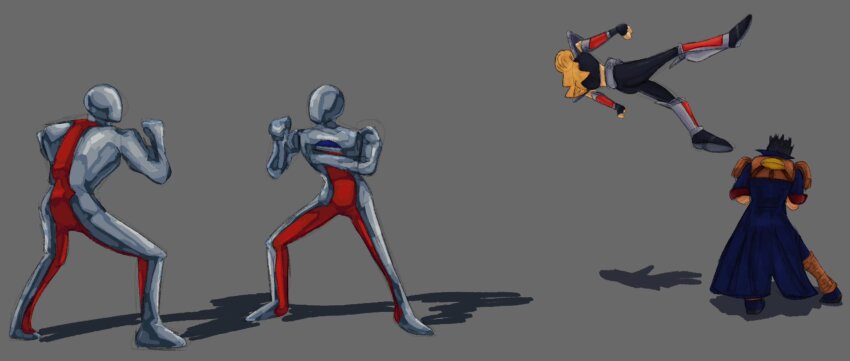bahn black_hair blonde_hair blue_jacket clone detached_sleeves faceless faceless_male facing_away fighting_stance fighting_vipers floating grey_background highres jacket long_hair pepsi pepsiman raxel_(fighting_vipers) sega selphkatsu shiny_skin shoulder_pads simple_background tagme
