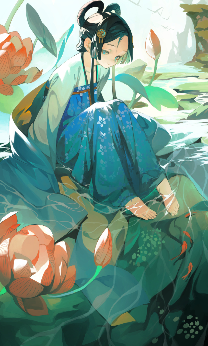 1girl absurdres aqua_eyes barefoot black_hair blue_dress china chinese_clothes dare_no_inarikami dress flower hair_ornament half-closed_eyes hanfu highres lily_(flower) lily_pad original partially_submerged qixiong_ruqun red_ribbon ribbon ringlets ruqun soaking_feet solo water