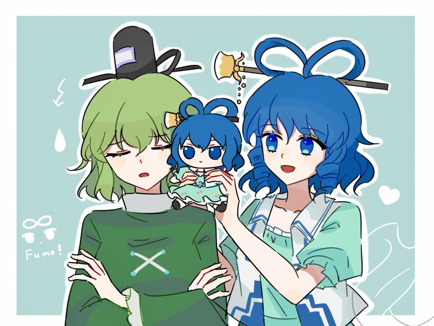 2girls blue_eyes blue_hair breasts dress earmuffs fumo_(doll) ghost_tail green_dress green_eyes green_hair grey_hair hair_ornament hair_rings hair_stick hat highres japanese_clothes kaku_seiga long_hair long_sleeves multiple_girls open_mouth ponytail ria_bnb shawl short_hair skirt smile soga_no_tojiko tate_eboshi touhou vest