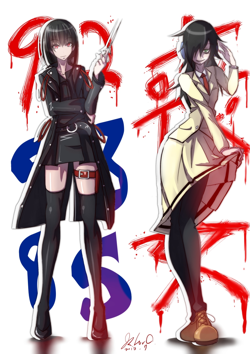 10s 2girls absurdres belt black_hair coat crossover green_eyes hair_over_one_eye highres inu_to_hasami_wa_tsukaiyou kuroki_tomoko long_hair multiple_girls natsuno_kirihime necktie open_mouth pantyhose red_eyes school_uniform scissors shoes simple_background skirt smile thighhighs watashi_ga_motenai_no_wa_dou_kangaetemo_omaera_ga_warui!