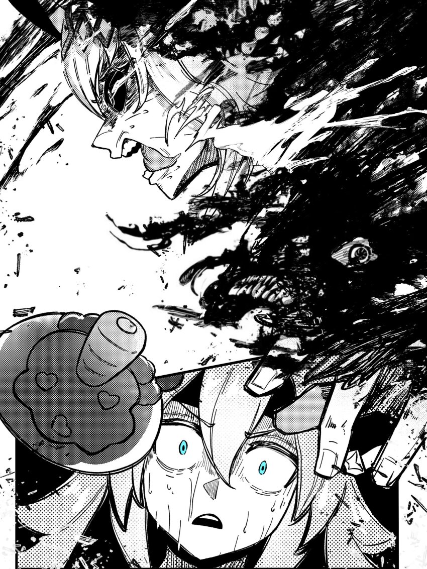 2girls aura blue_eyes blue_lock carrot carrot_hamburger_steak dark_aura eye_trail food greyscale hair_between_eyes hair_ornament hairband hamburger_steak headband highres horse_girl light_trail long_hair monochrome multiple_girls nervous_sweating oguri_cap_(umamusume) open_mouth sakanaflyer scene_reference spot_color sweat tamamo_cross_(umamusume) teeth textless_version tongue tongue_out umamusume umamusume:_cinderella_gray