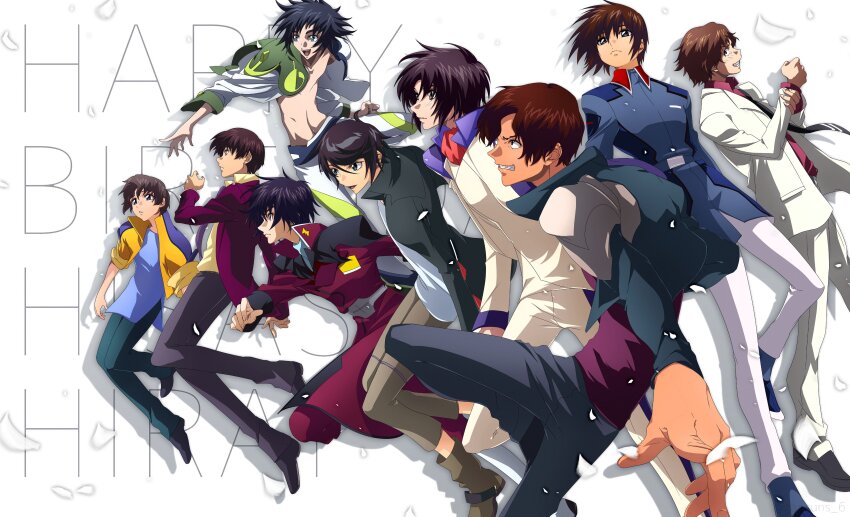 6+boys absurdres age_(heroic_age) aiba_kouji aizawa_tokito belt black_hair bodysuit brown_eyes brown_hair creator_connection crossover formal_clothes giniro_no_olynssis green_eyes gundam gundam_seed gundam_seed_destiny happy_birthday hayase_kouichi heroic_age highres hitachi_izuru jacket kazuma_(scryed) kira_yamato kurogane_no_linebarrel majestic_prince makabe_kazuki military_uniform multiple_boys multiple_crossover necktie purple_eyes red_eyes roku_(gansuns) scryed shinn_asuka shirt short_hair soukyuu_no_fafner suit white_background