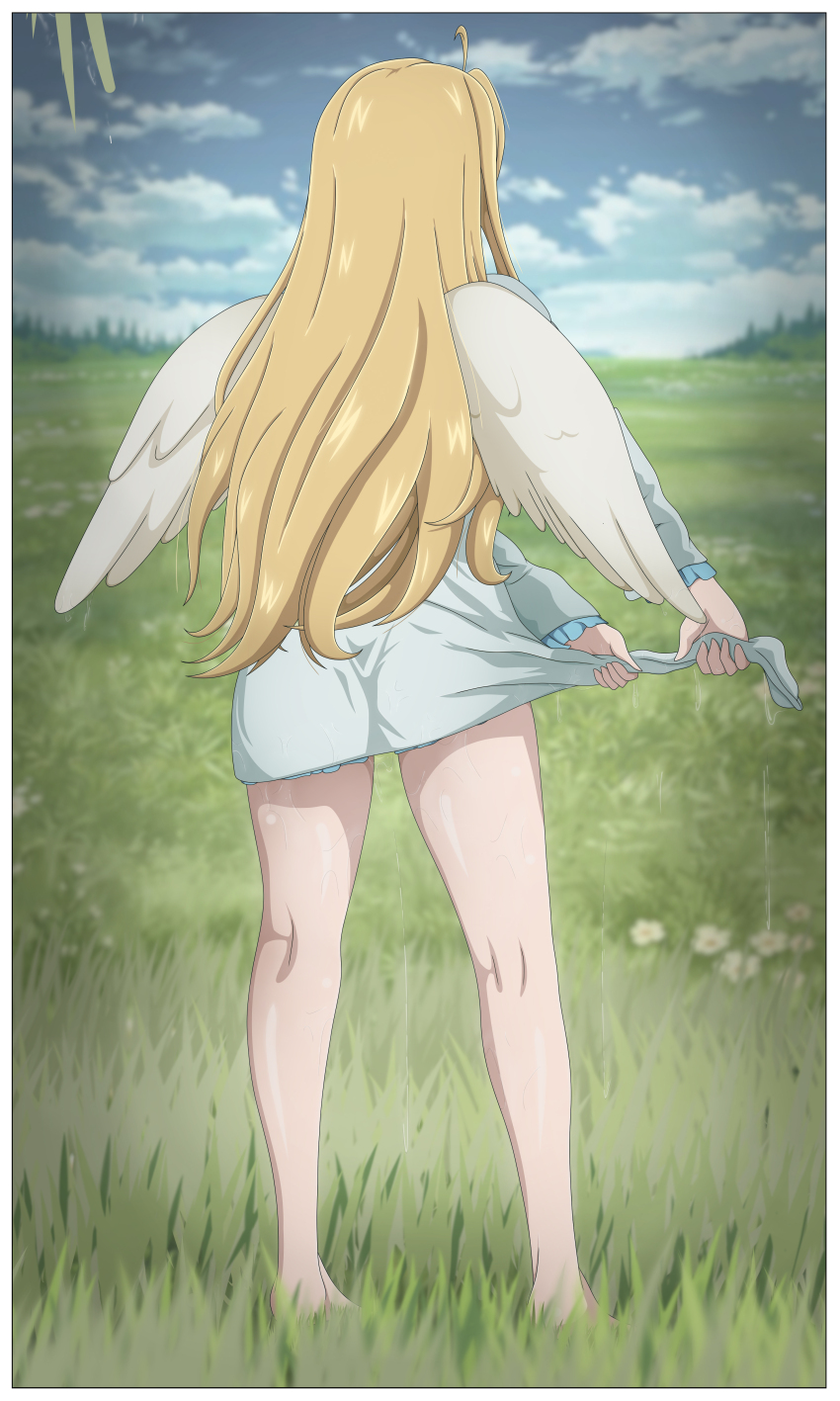 1girl absurdres bare_legs bird_wings blonde_hair dripping drying filo_(tate_no_yuusha_no_nariagari) from_behind grass highres loli non-web_source rosenrot03 shiny_skin standing sweaty_clothes tate_no_yuusha_no_nariagari thighs water_drop wet wet_clothes white_wings wings wringing_clothes