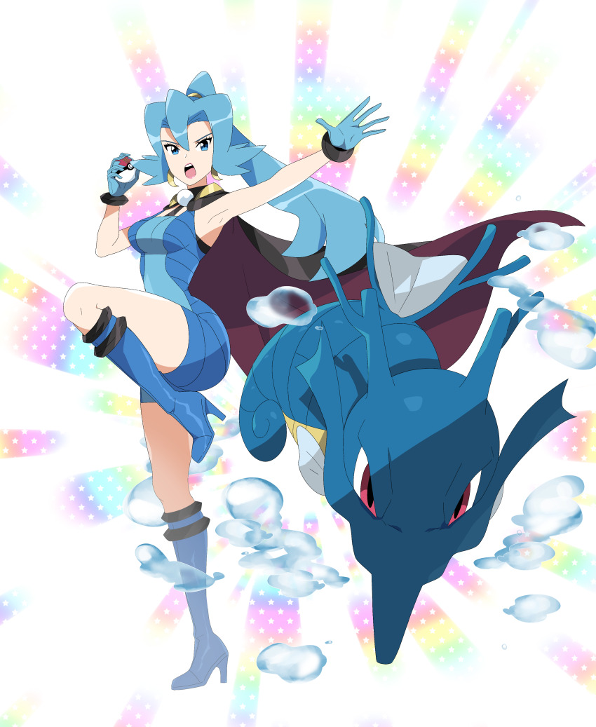 1girl absurdres black_cape blue_bodysuit blue_eyes blue_footwear blue_gloves blue_hair bodysuit boots breasts bubble cape clair_(pokemon) fins fish full_body gen_2_pokemon gloves high_heel_boots high_heels high_ponytail highres holding holding_poke_ball kingdra large_breasts long_hair nintendo open_mouth pink_lips poke_ball poke_ball_(basic) pokemon pokemon_(creature) pokemon_hgss ponytail r3dfive red_cape red_eyes seahorse skin_tight standing standing_on_one_leg teeth two-sided_cape two-sided_fabric two-tone_cape upper_teeth_only water white_background